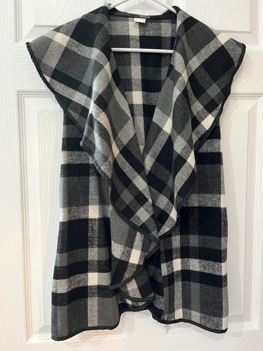 Black & Gray Plaid Draped Open Front Vest